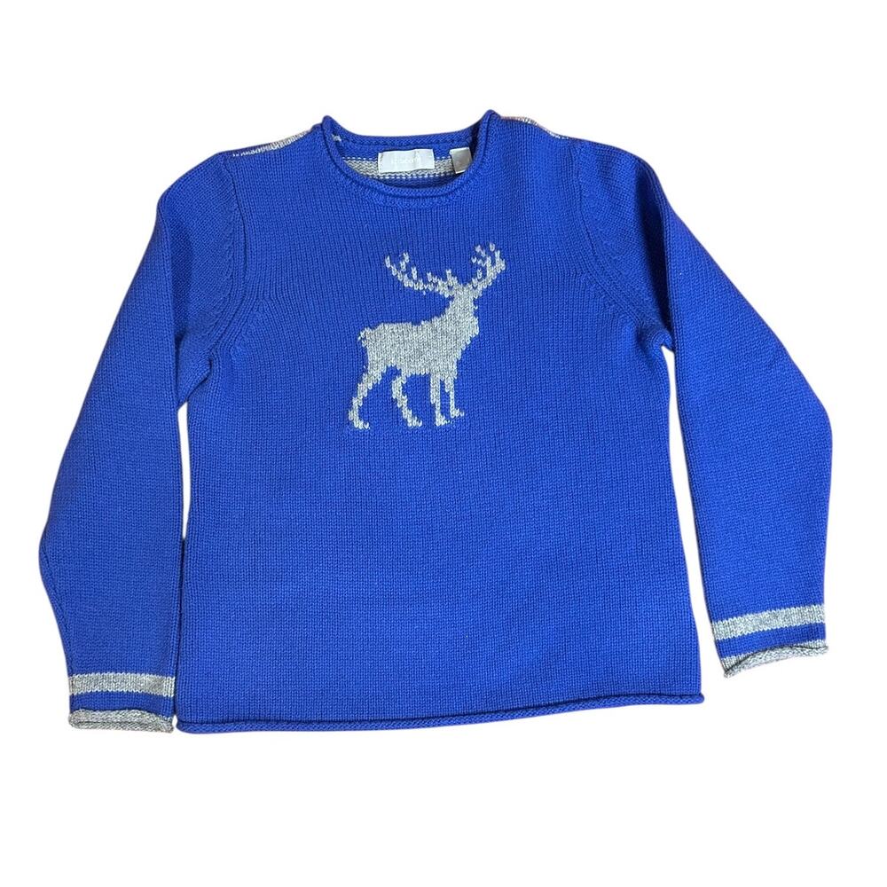 LIZ CLAIBORNE Blue Gray Embroidered Deer Long Sleeve Pullover Sweater Large